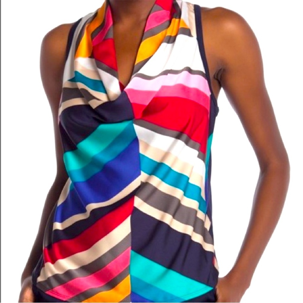 Trina Turk Multicolor Satin Cowl Neck Geometric Stiped Sleeveless Top
